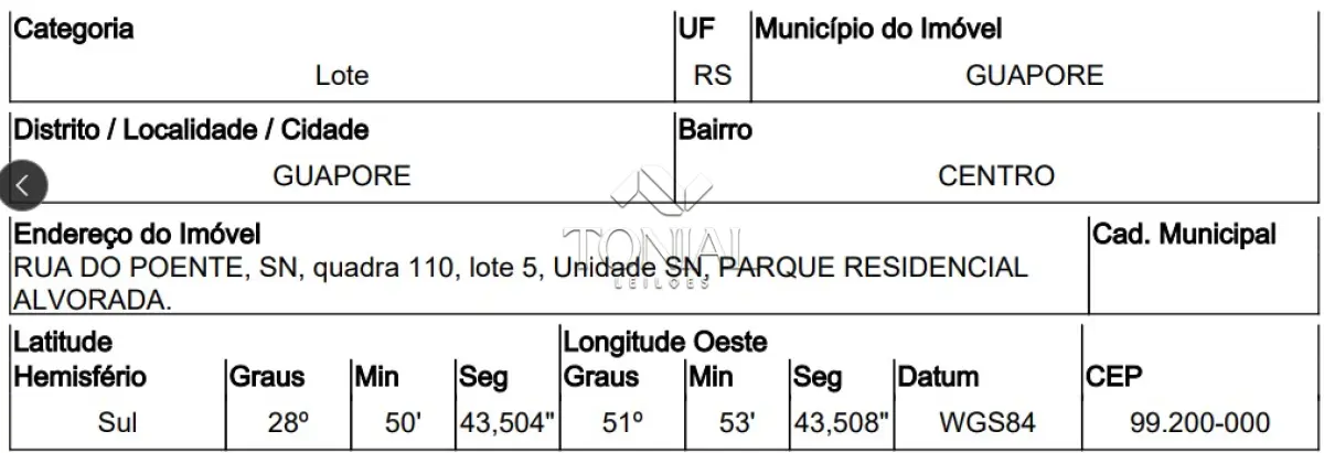 LOTE 377 - Terreno - GUAPORE / RS